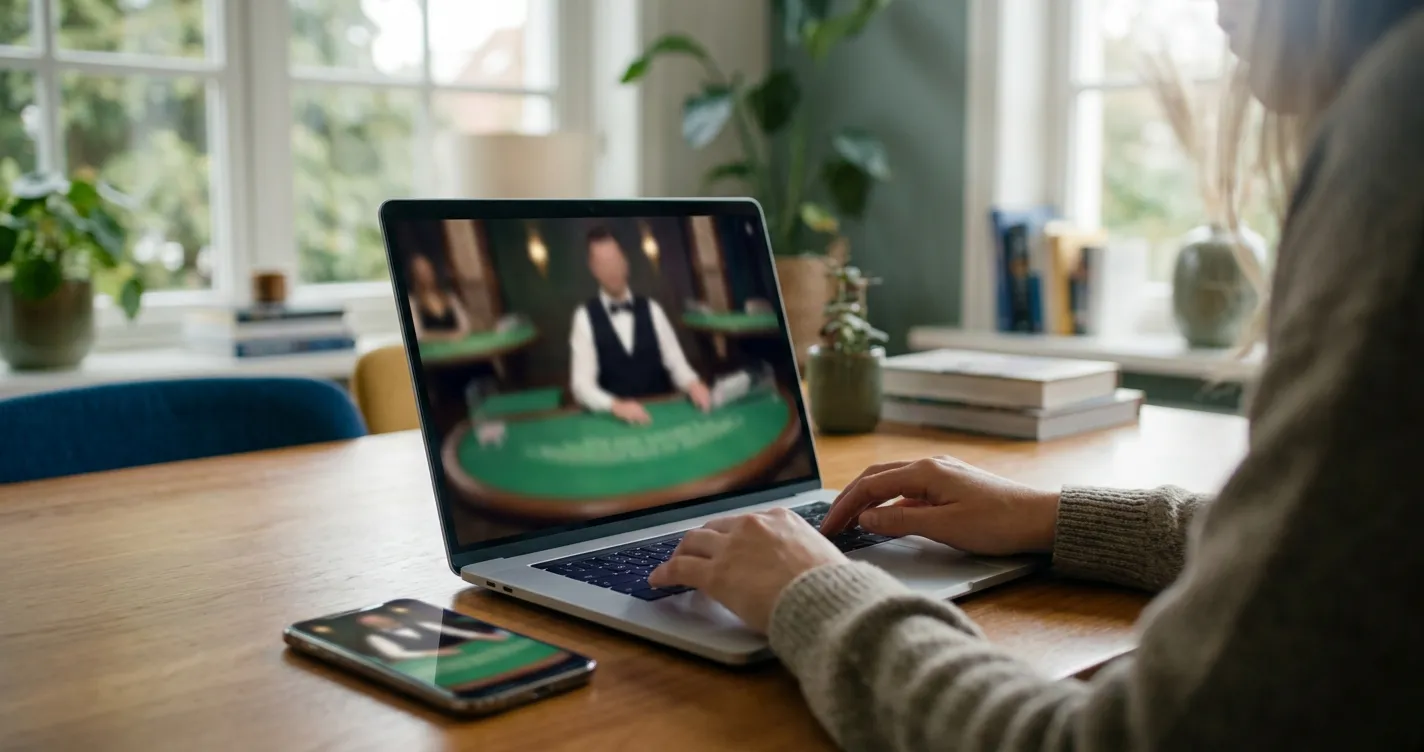 Redactionele illustratie van live casino op laptop en smartphone zonder merkinterface