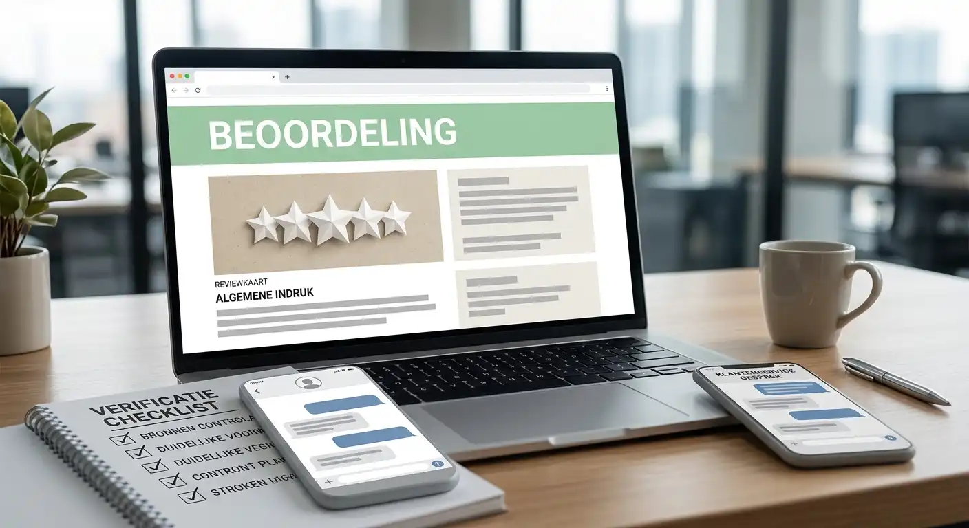 Redactionele illustratie van sterren, een supportgesprek en een checklist voor het beoordelen van casino reviews