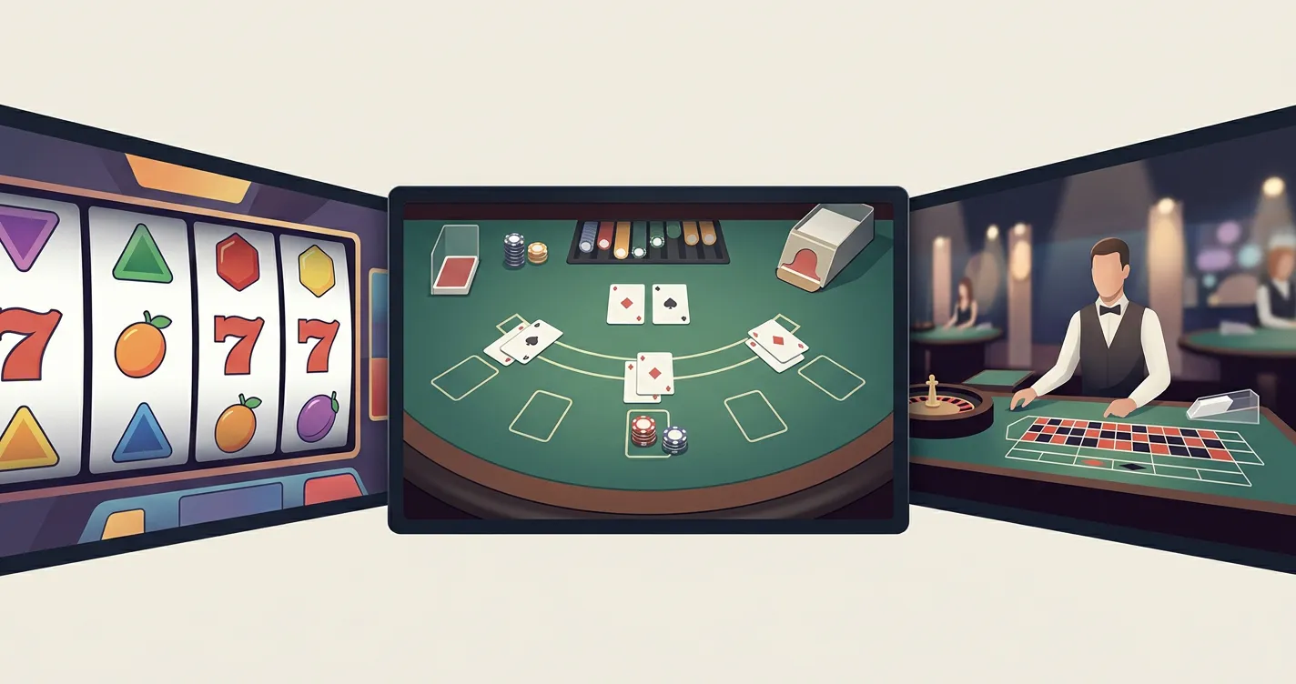 Illustratie van slots, tafelspellen en live casino op verschillende schermen