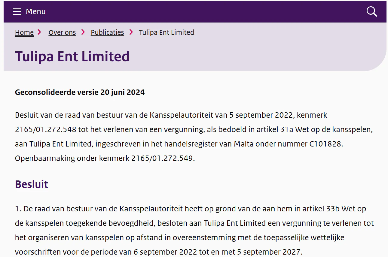 Officiële KSA-pagina over de vergunning van Tulipa Ent Limited