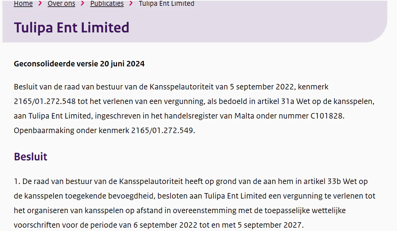 Officiële KSA-vergunningspagina voor Tulipa Ent Limited